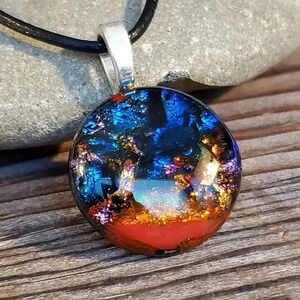 Dichroic Fused Art Glass Round Blue Red Pendant Black Leather Cord Necklace C